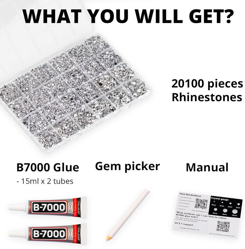 Worthofbest 20100Pcs Silver Clear Resin Rhinestones 2,3,4,5,6mm Flatback for Bedazzling Crafting Crafts Clothing Clothes Fabric Shoes Nail Art, Flat Back Gems Diamonds Bedazzler Kit Bulk Jewels Crystals Gemstones - Image 2